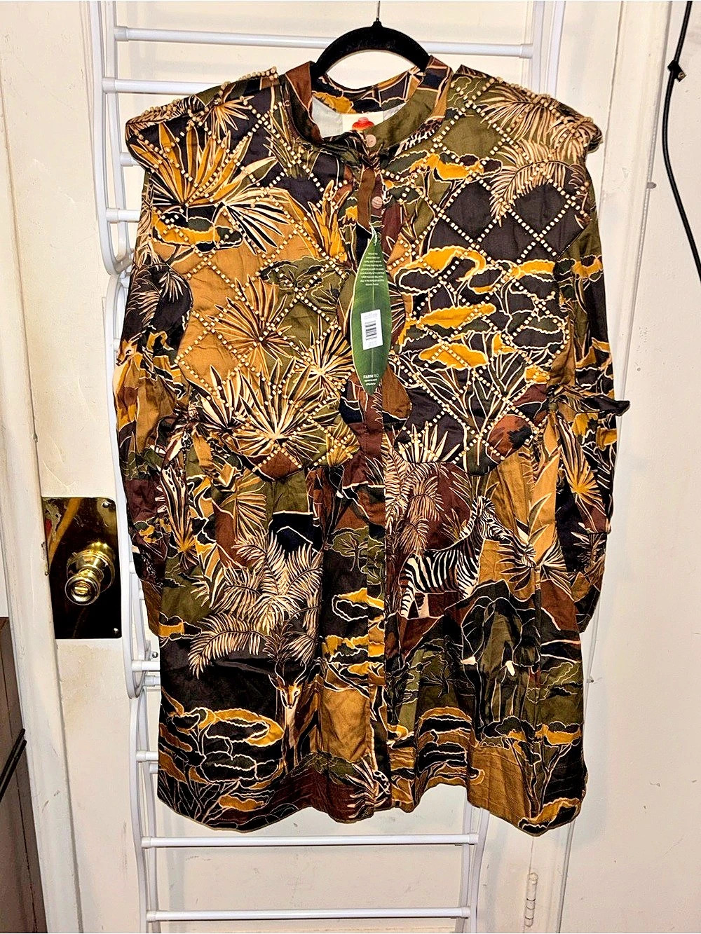 FARM Rio Savana Dream Matelassé Yoke Mini Dress L Safari Boho Tropical - Picture 2 of 6